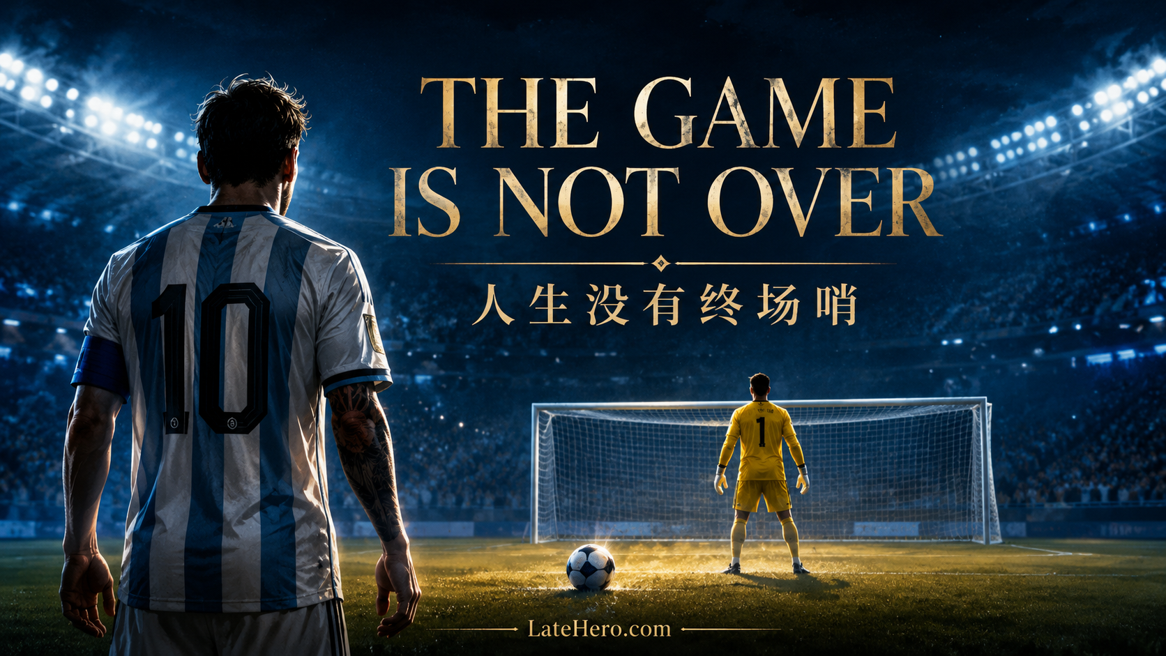 足球场海报，文字为 The Game Is Not Over 人生没有终场哨